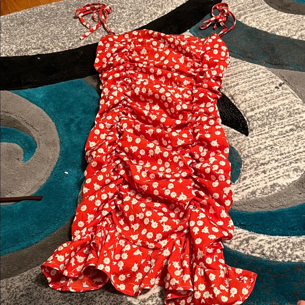 Red Floral Ruched Dress with Zipper Back